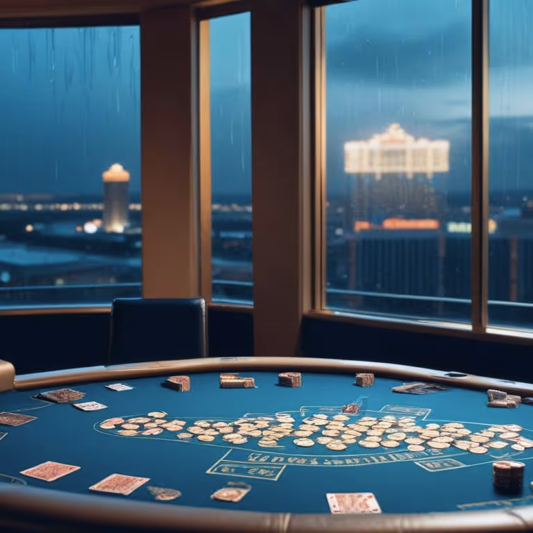 Rainbet Casino featuring a poker table stacked with chips and cards in a modern high-rise lounge overlooking the city skyline.