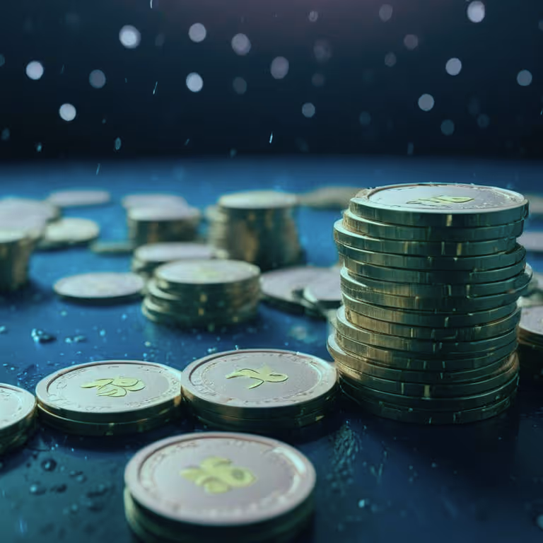 Rainbet Casino displaying poker chips stacked on a glowing green surface.